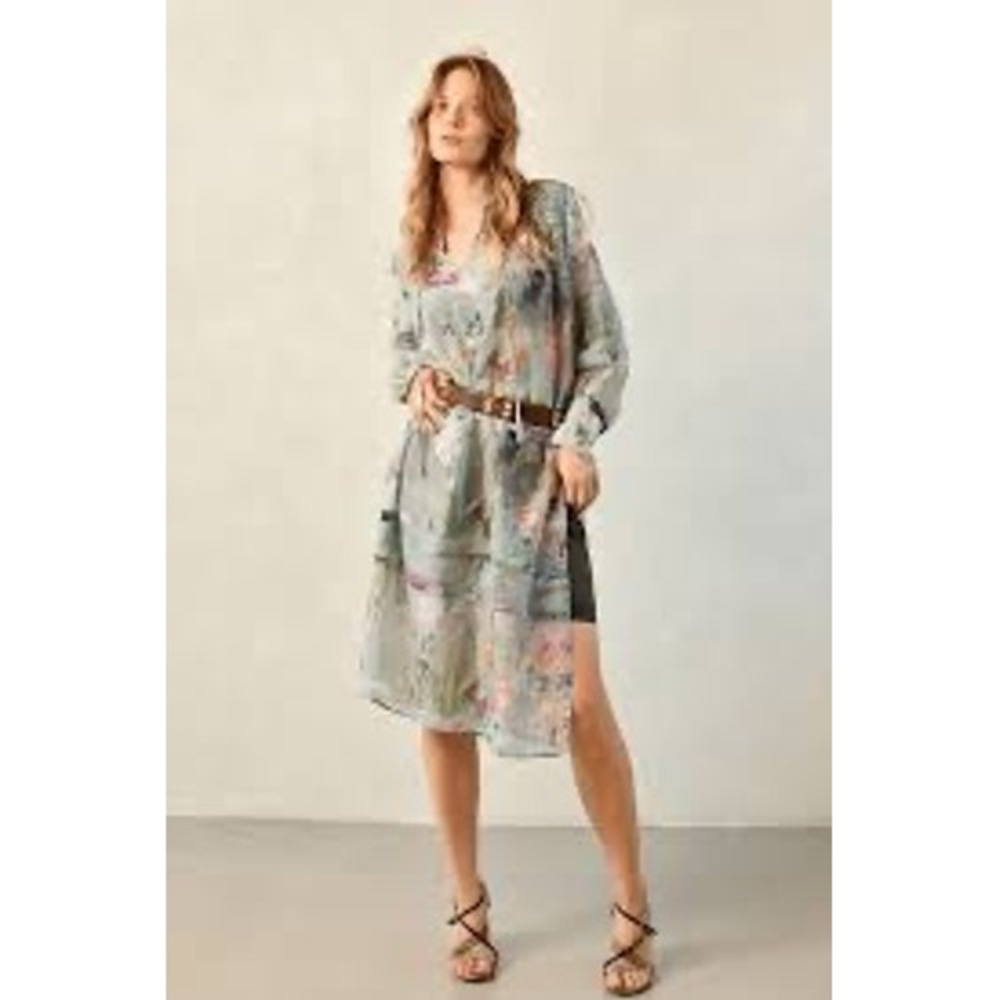 Koshka Mashka France 100% Silk Abstract Print Eyelet Yoke Midi Dress One Size